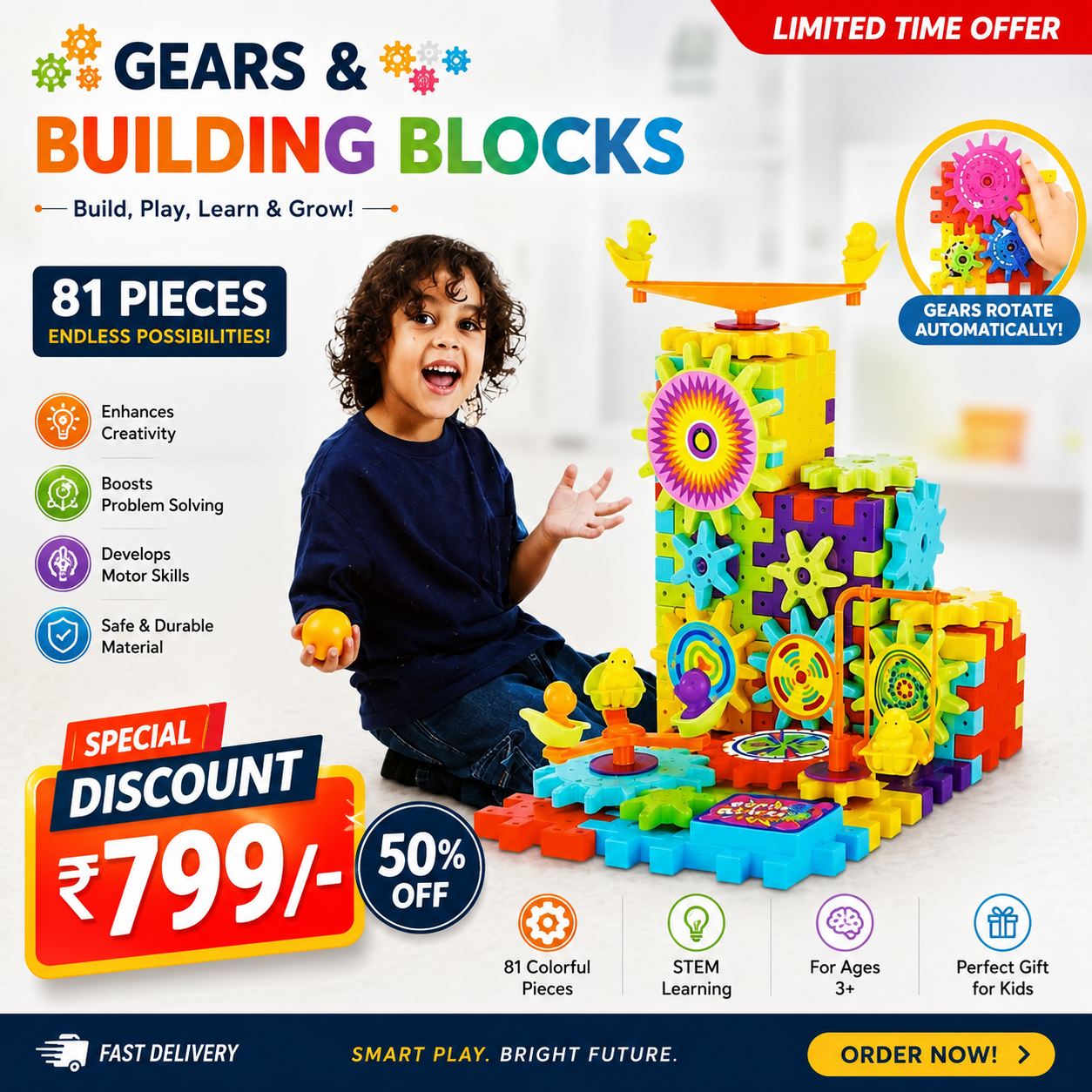 81 PCS Gears & Building Blocks Educational STEM Toy for Kids (Ages 3+)