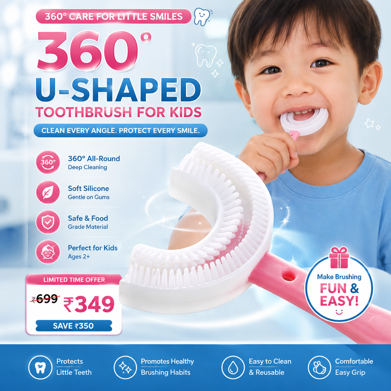 360° U-Shaped Silicone Toothbrush for Kids | Soft Bristles & Deep Cleaning